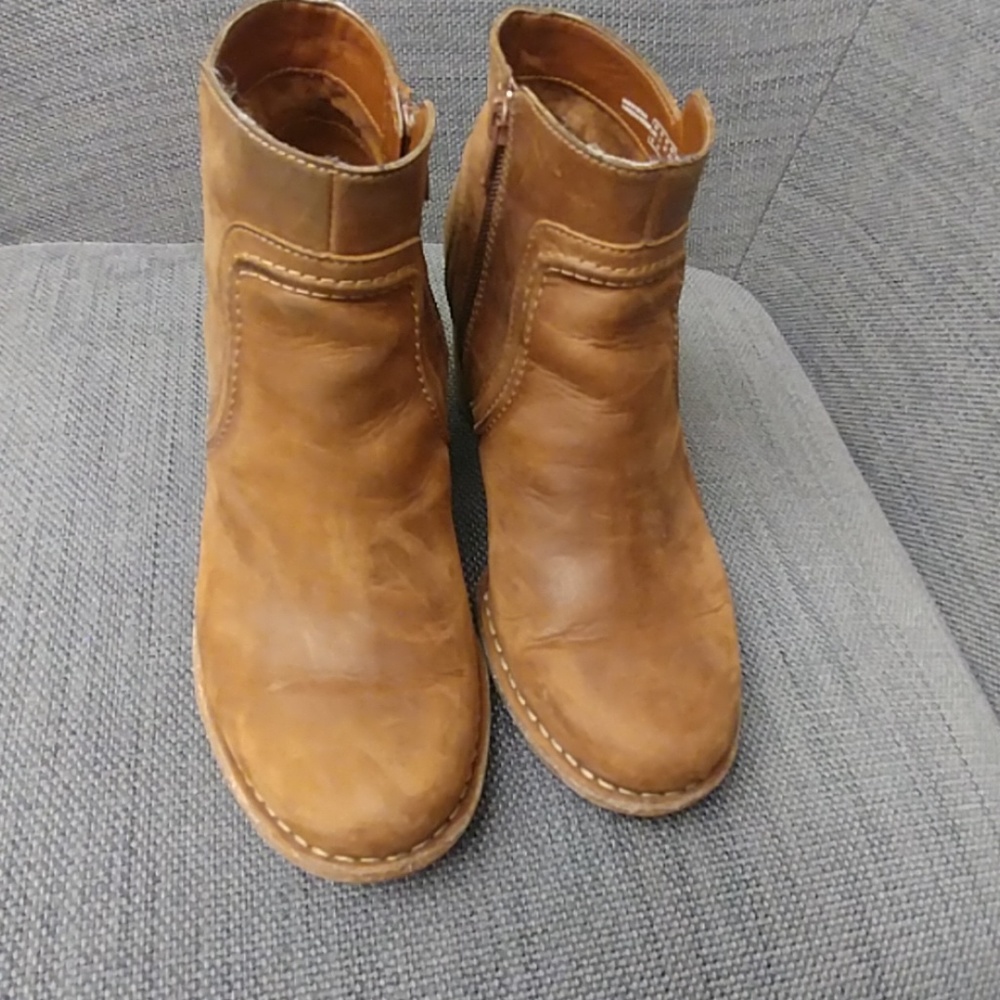 Clark's brown leather booties with a 3 inch heel.